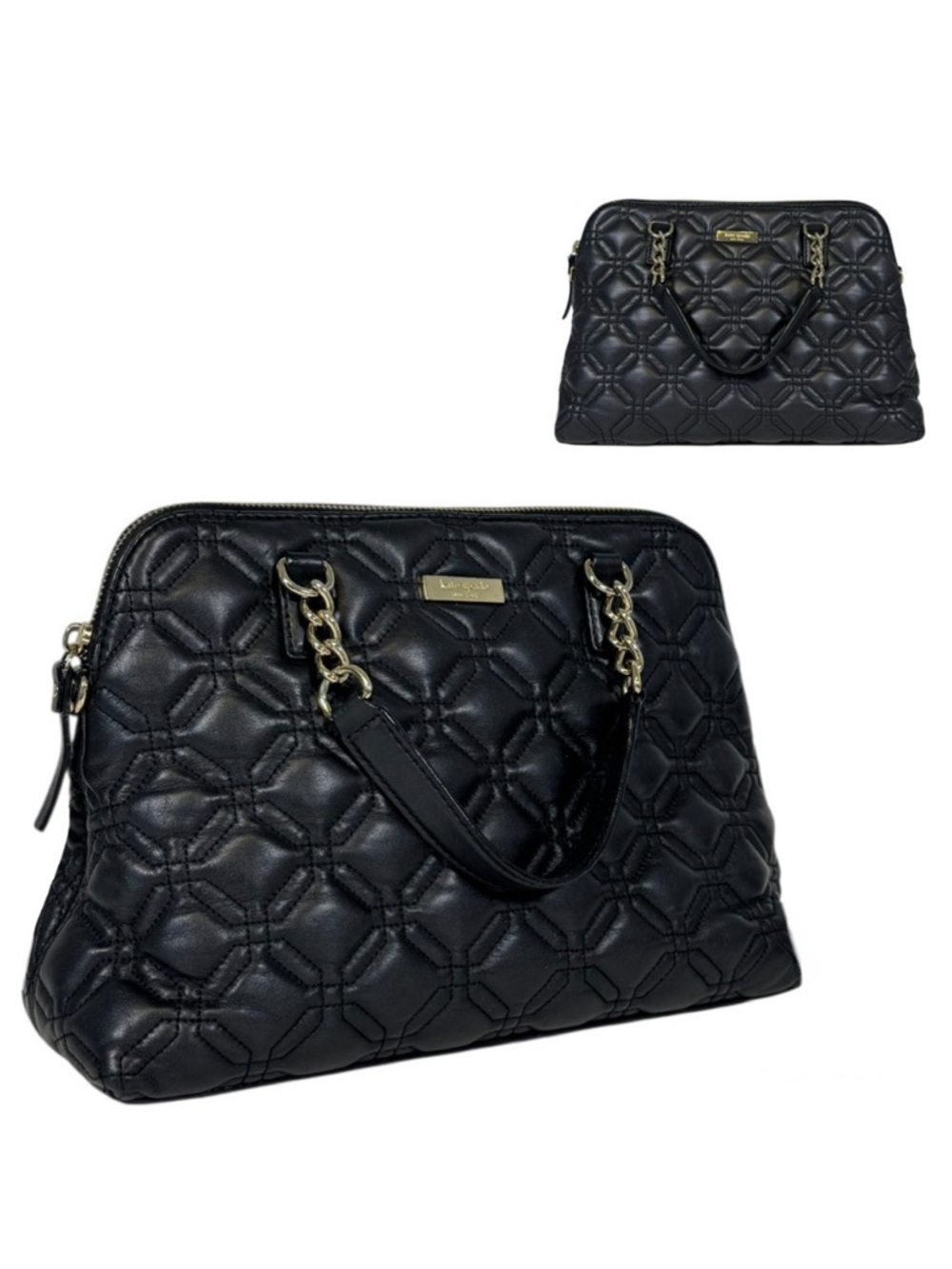 Kate‎ Spade Women's Black Quilted Leather Dome Satchel Handbag Gold Chain Detail